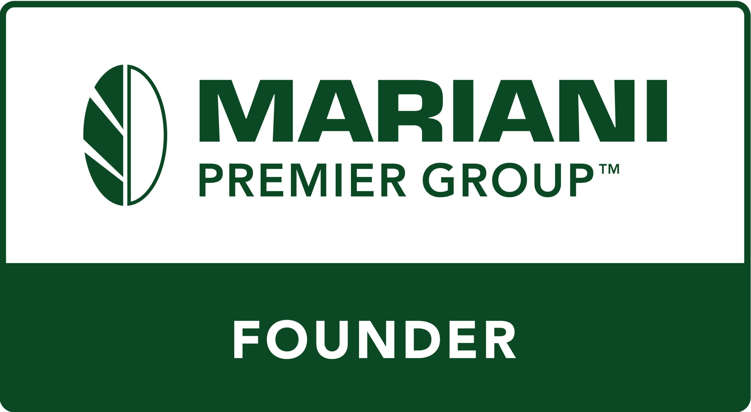 Green and white logo displays "Mariani Premier Group" with a leaf design and the word "Founder" underneath. Clean, modern business branding.