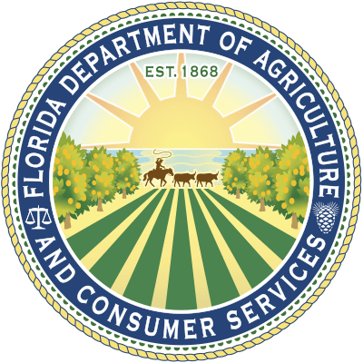 Seal of the Florida Department of Agriculture with sun, person herding cattle, orange groves, established in 1868, surrounded by blue border text.