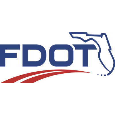 The image shows the FDOT logo featuring blue letters and a stylized representation of Florida with a red path underneath.