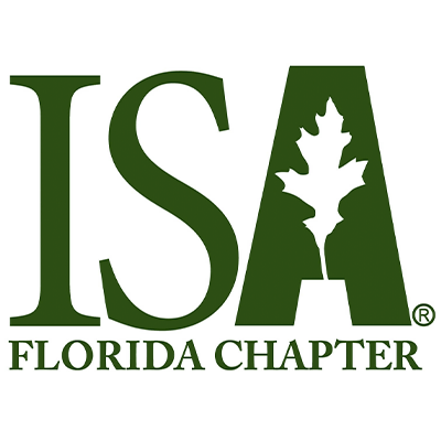 Logo featuring "ISA Florida Chapter" in green letters with an oak leaf silhouette inside the letter "A", representing the International Society of Arboriculture.