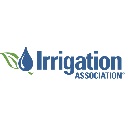 Logo of the Irrigation Association, featuring a blue water droplet and green leaf design with the organization's name in blue text.