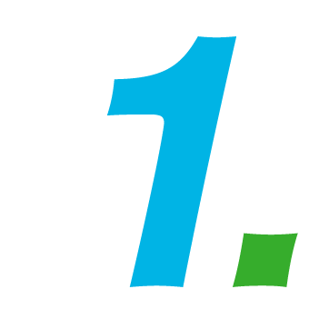 The image shows a stylized, large blue number "1" with a small green square. Minimalist and graphic design elements dominate the composition.