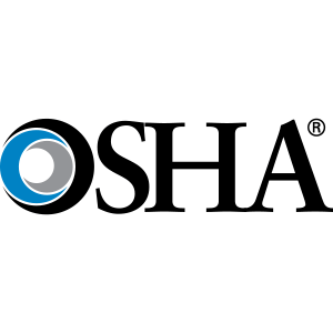 The image consists of the OSHA logo, featuring the letters "OSHA" in black with a circular design in blue, gray, and black.