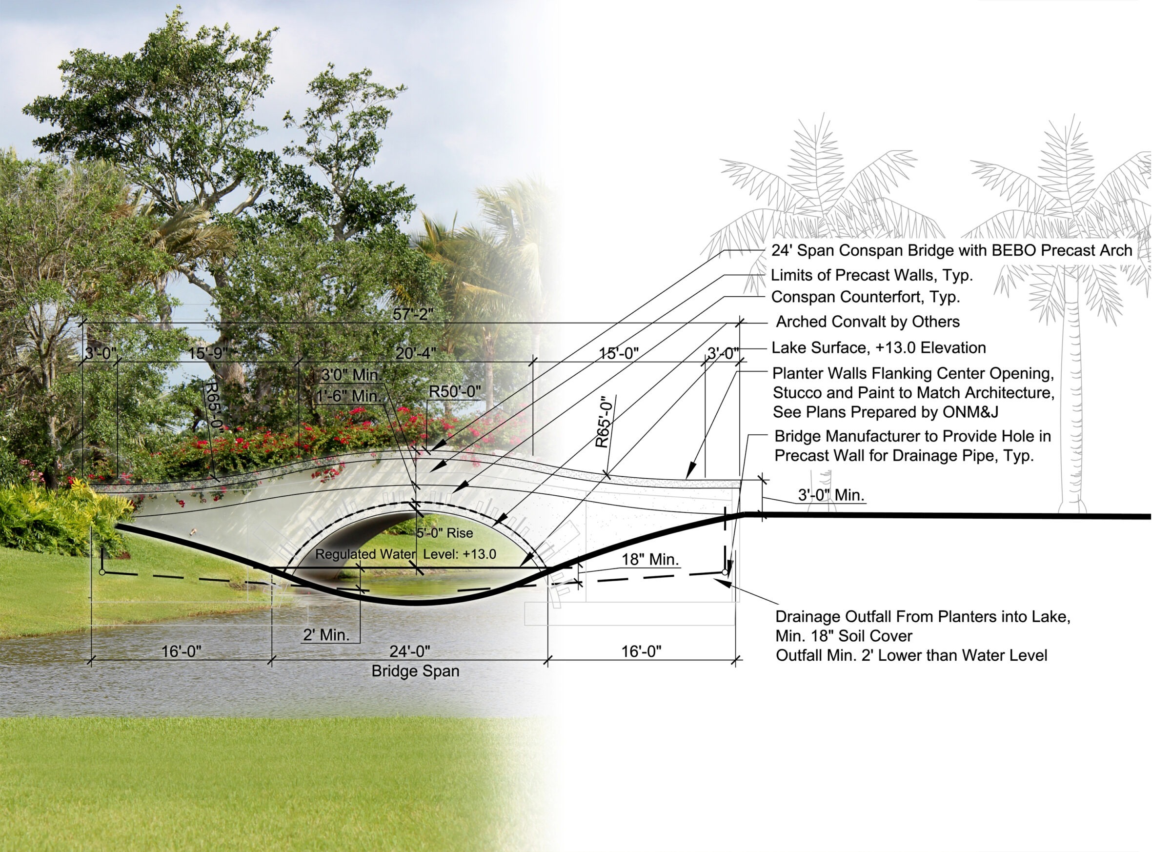 The image blends a scenic landscape with detailed bridge schematics, showing measurements, planters, and drainage specifications against a backdrop of greenery and water.
