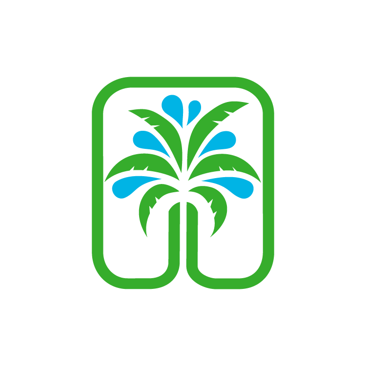 Stylized blue and green logo with a palm tree design, featuring abstract leaves and water droplets enclosed in a rectangular frame.
