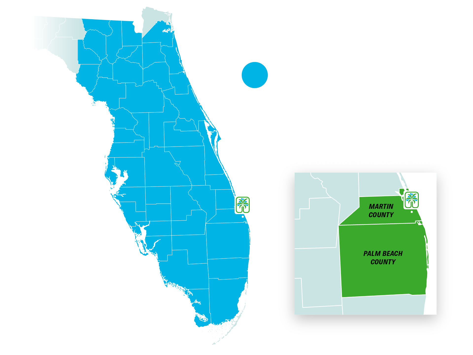 Map of Florida shows irrigation service (in blue) and landscape area (in green) covering Martin and Palm Beach counties. No landmarks depicted.