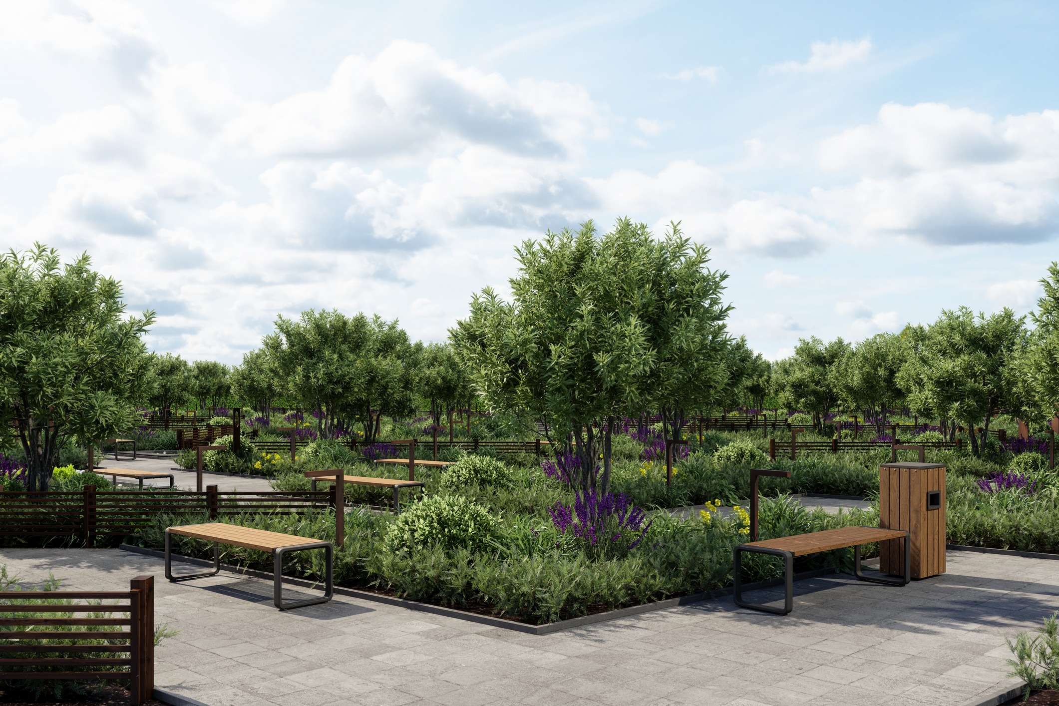 A scenic park features lush green trees, vibrant purple flowers, wooden benches, and pathways under a blue, cloudy sky for a tranquil atmosphere.