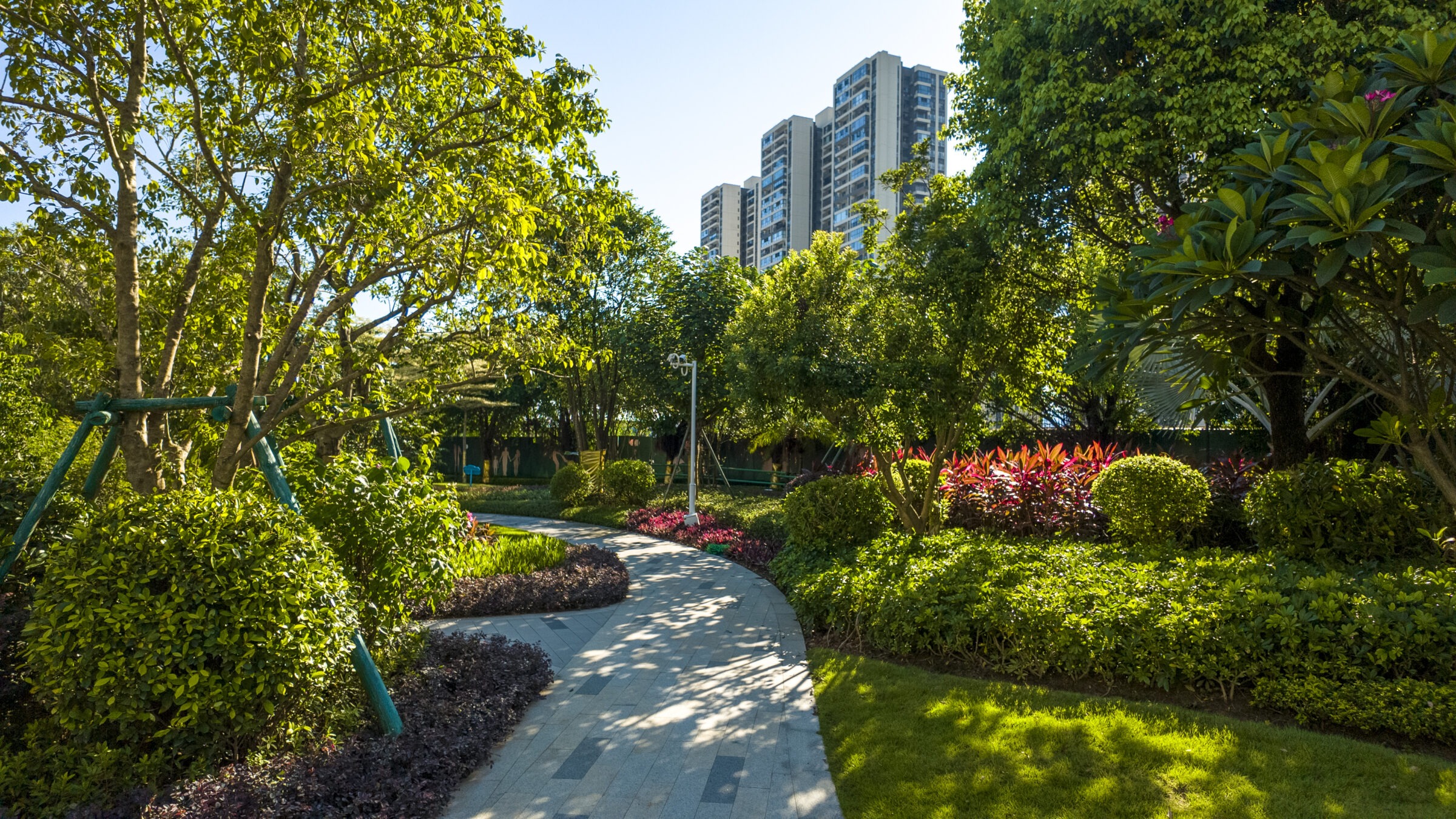 A lush garden path winds through vibrant foliage, with tall residential buildings towering in the background under a clear blue sky.