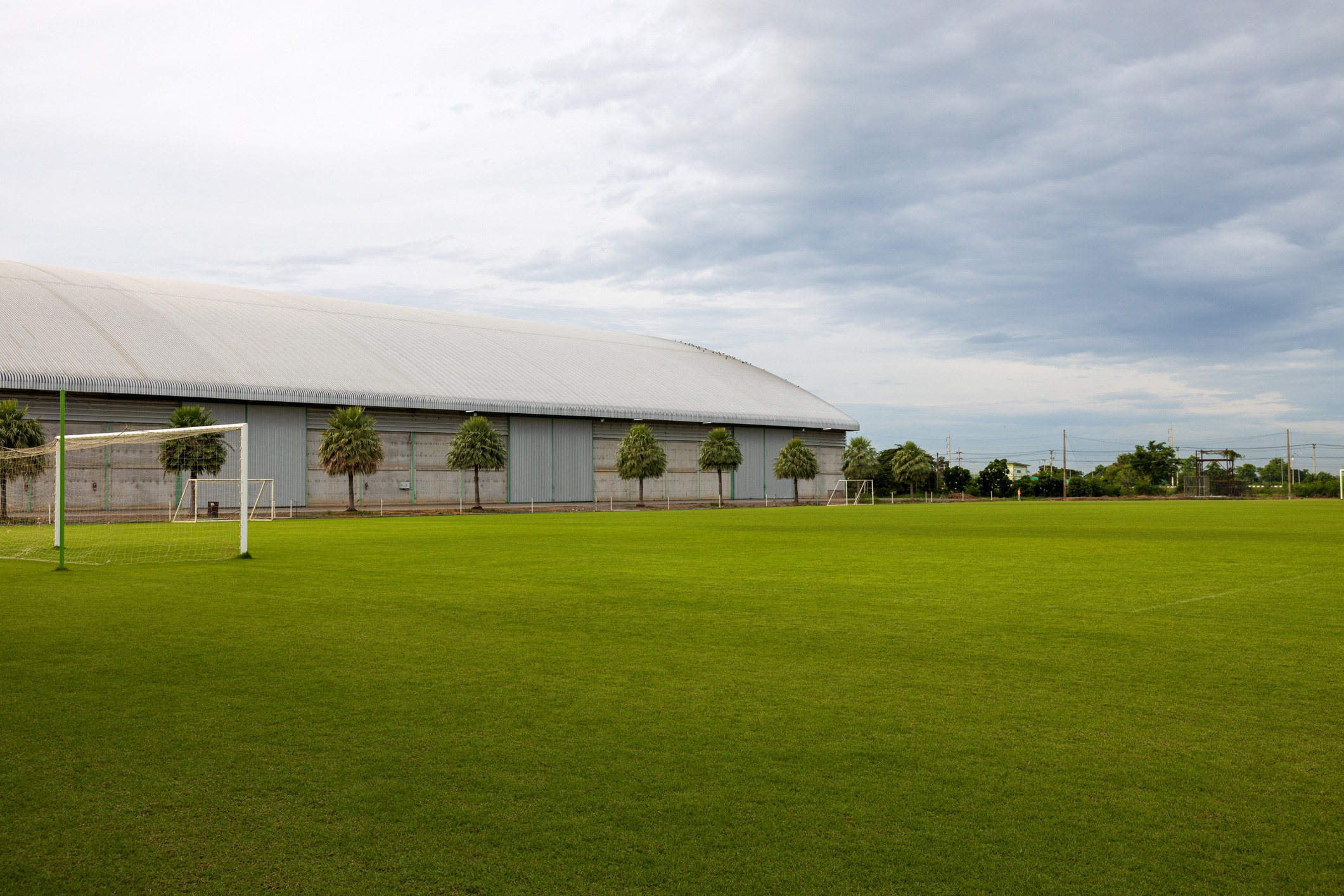 Expansive grass soccer field with two goalposts, bordered by palm trees, situated beside a large, grey warehouse under a cloudy sky.