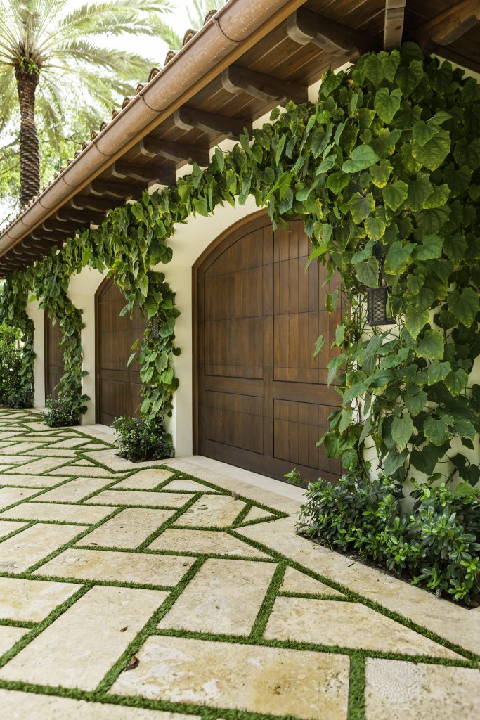A building facade features wooden doors framed by lush green vines, with a geometric patterned stone pathway and palm trees in the background.