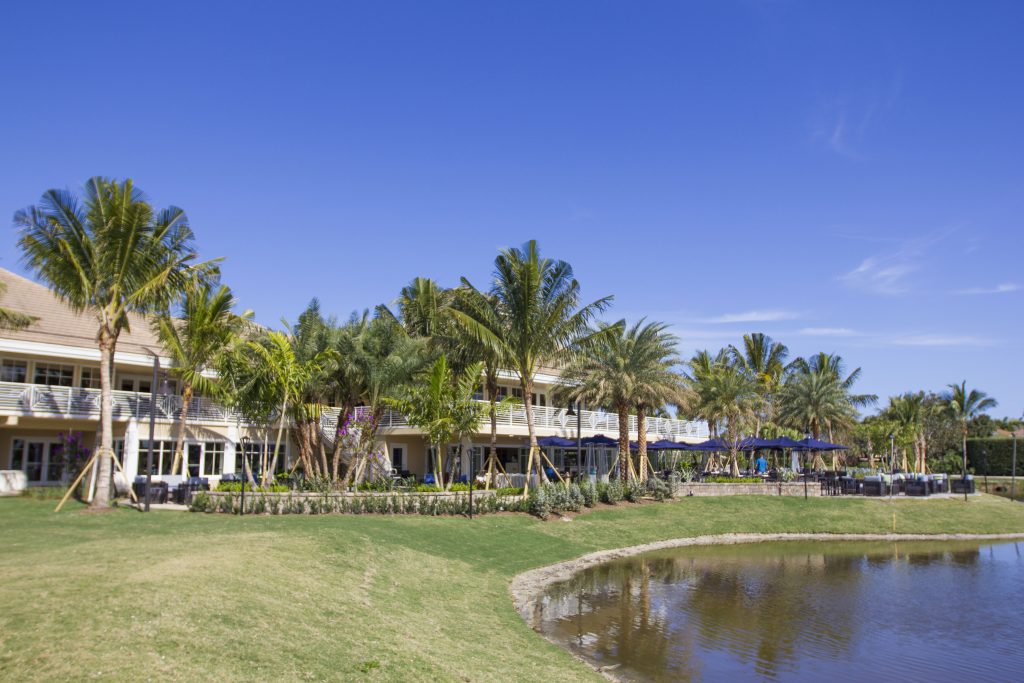 Modern building in lush landscape with palm trees, adjacent to a tranquil pond under a clear blue sky. Tables are set outside.