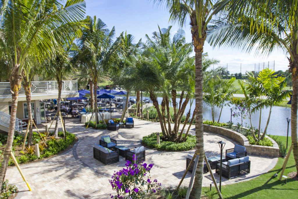 A beautiful patio with palm trees, outdoor seating, and a pond. People relax in a sunny, resort-like setting under blue umbrellas.