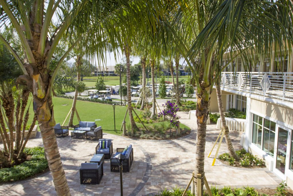 A sunny outdoor patio area with palm trees, lounge seating, and a view of a golf course. People and golf carts visible.